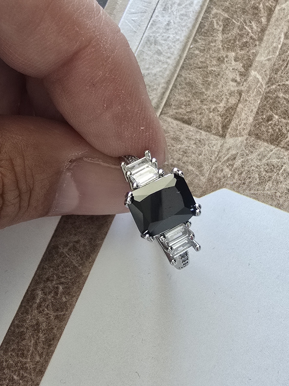 New Black Spinel ART DECO Emerald Cut Black Gemstone and CZ Diamond Ring